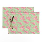 Pink hummingbirds and leaf pattern