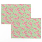 Pink hummingbirds and leaf pattern