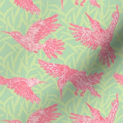 Pink hummingbirds and leaf pattern