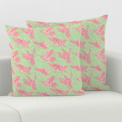 Pink hummingbirds and leaf pattern