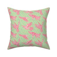 Pink hummingbirds and leaf pattern