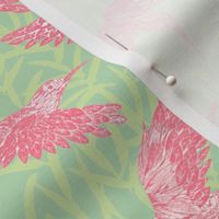Pink hummingbirds and leaf pattern
