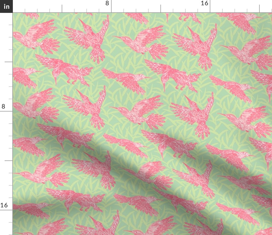 Pink hummingbirds and leaf pattern