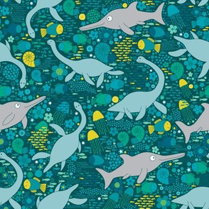 Swimming with plesiosaurs - turquoise and lemon - small