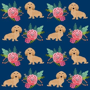 doxie dog cute dachshunds florals floral wreath cute dogs dog fabric cute dogs navy blue 