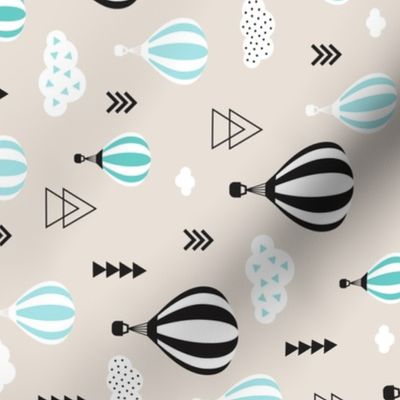 Scandinavian pastels and black and white hot air balloons and geometric clouds sky illustration pattern blue Rotated