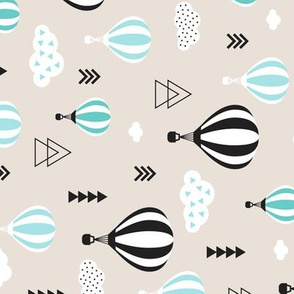Scandinavian pastels and black and white hot air balloons and geometric clouds sky illustration pattern blue Rotated