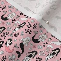 Sweet little mermaid girls theme with deep sea ocean coral illustration details pink black and white rotated flipped XXS