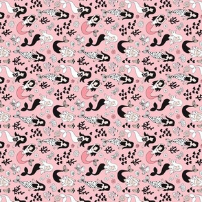 Sweet little mermaid girls theme with deep sea ocean coral illustration details pink black and white rotated flipped XXS