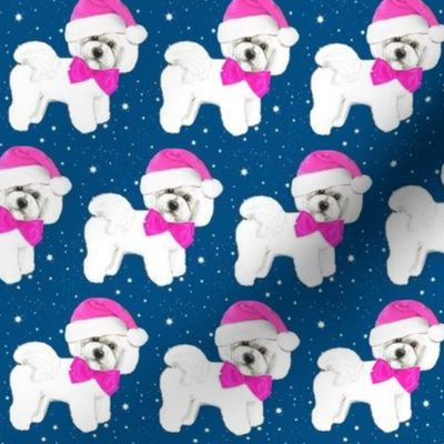 Bichon Frise  Christmas Santa dog,  with pink bow & santa hat