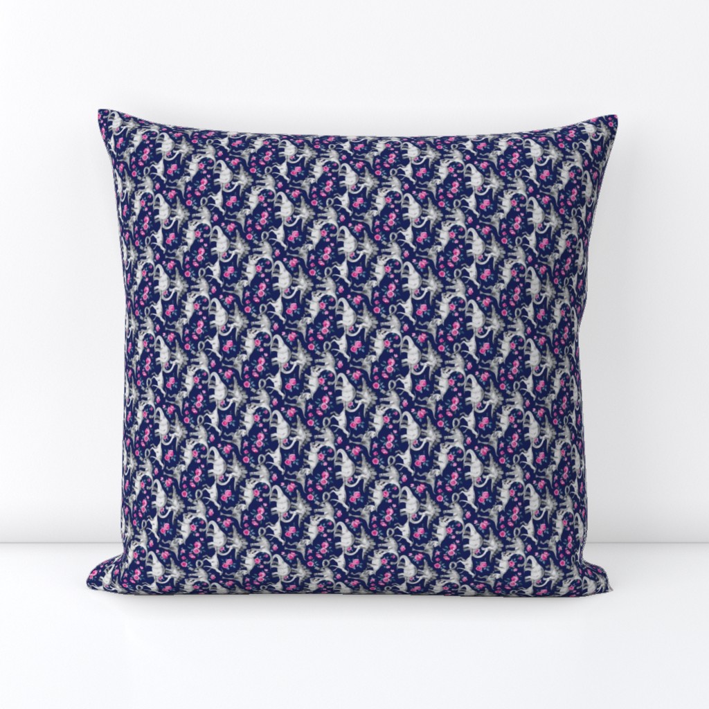 Extra Super Tiny Dinosaurs and Roses on Dark Blue Purple