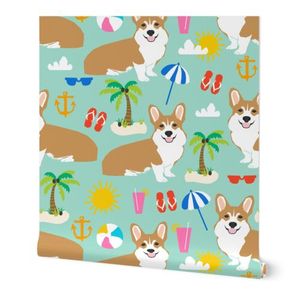 beach corgi cute summer palm tree flip Wallpaper Spoonflower