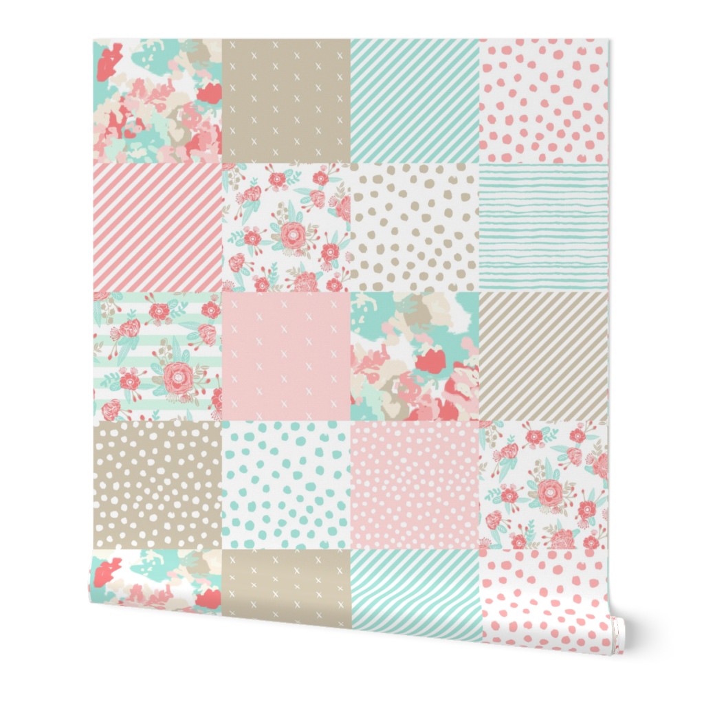 quilt squares coral mint pink khaki quilt squares baby blanket cute girls nursery baby girl
