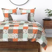 woodland patchwork - mint/dark brown/tan/citrus orange