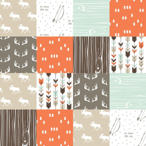 woodland patchwork - mint/dark brown/tan/citrus orange