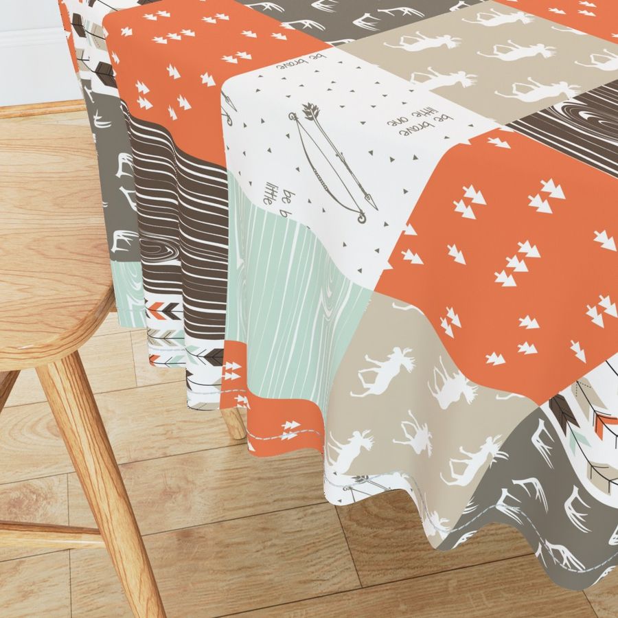 woodland patchwork (90)- mint/dark brown/tan/citrus orange