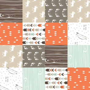 woodland patchwork (90)- mint/dark brown/tan/citrus orange