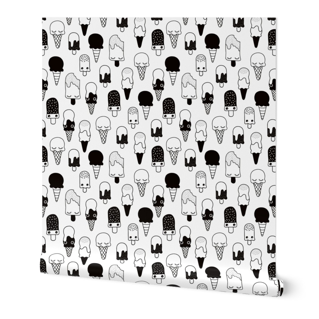 Colorful sweet summer ice cream popsicle sugar kawaii illustration black and white