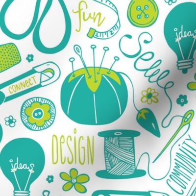 Design Sew Creativity - Sewing Typography White Aqua Green Large Scale