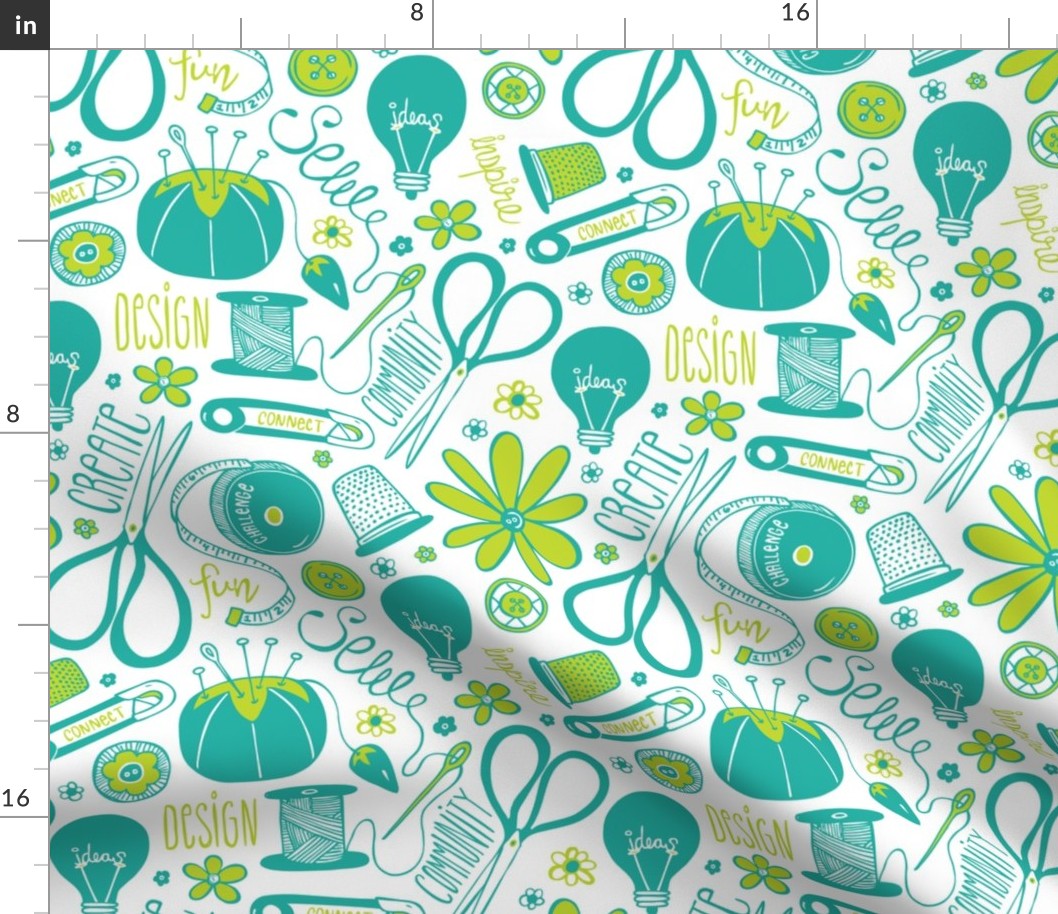 Design Sew Creativity - Sewing Typography White Aqua Green Large Scale