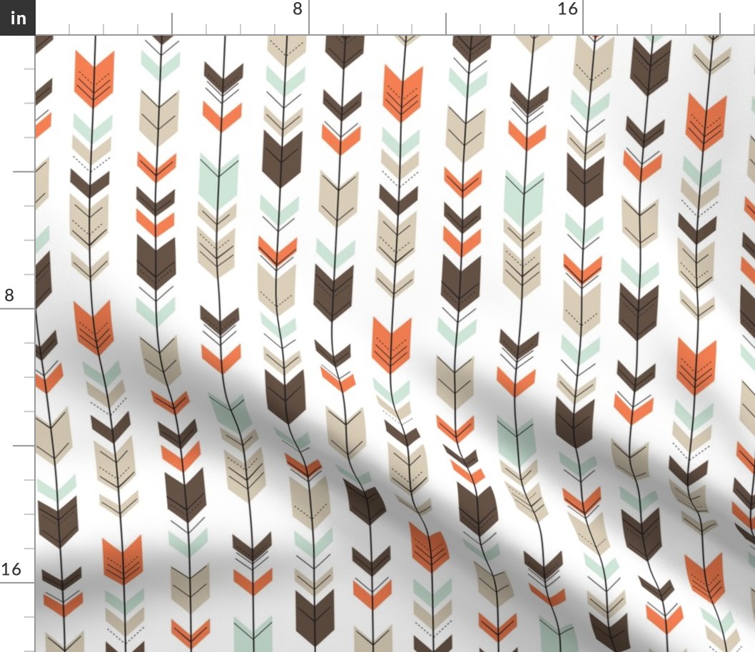 small scale - fletching arrows - mint/dark brown/tan/citrus orange wholecloth coordinate