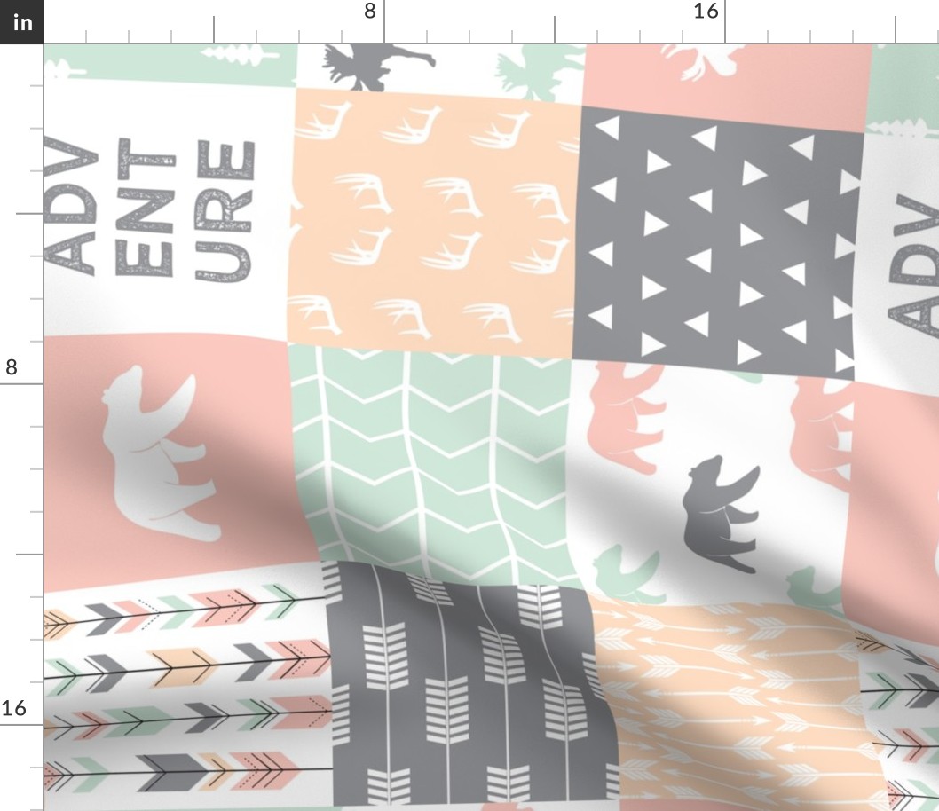 adventure woodland wholecloth (90) || pink,peach,grey, mint