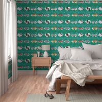 Deep Teal Sleeping Animals  Fabric