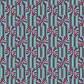 AW1 - Small - Swirling Windmill Polka Dots on Stripes in Purple - Aquamarine - Burgundy