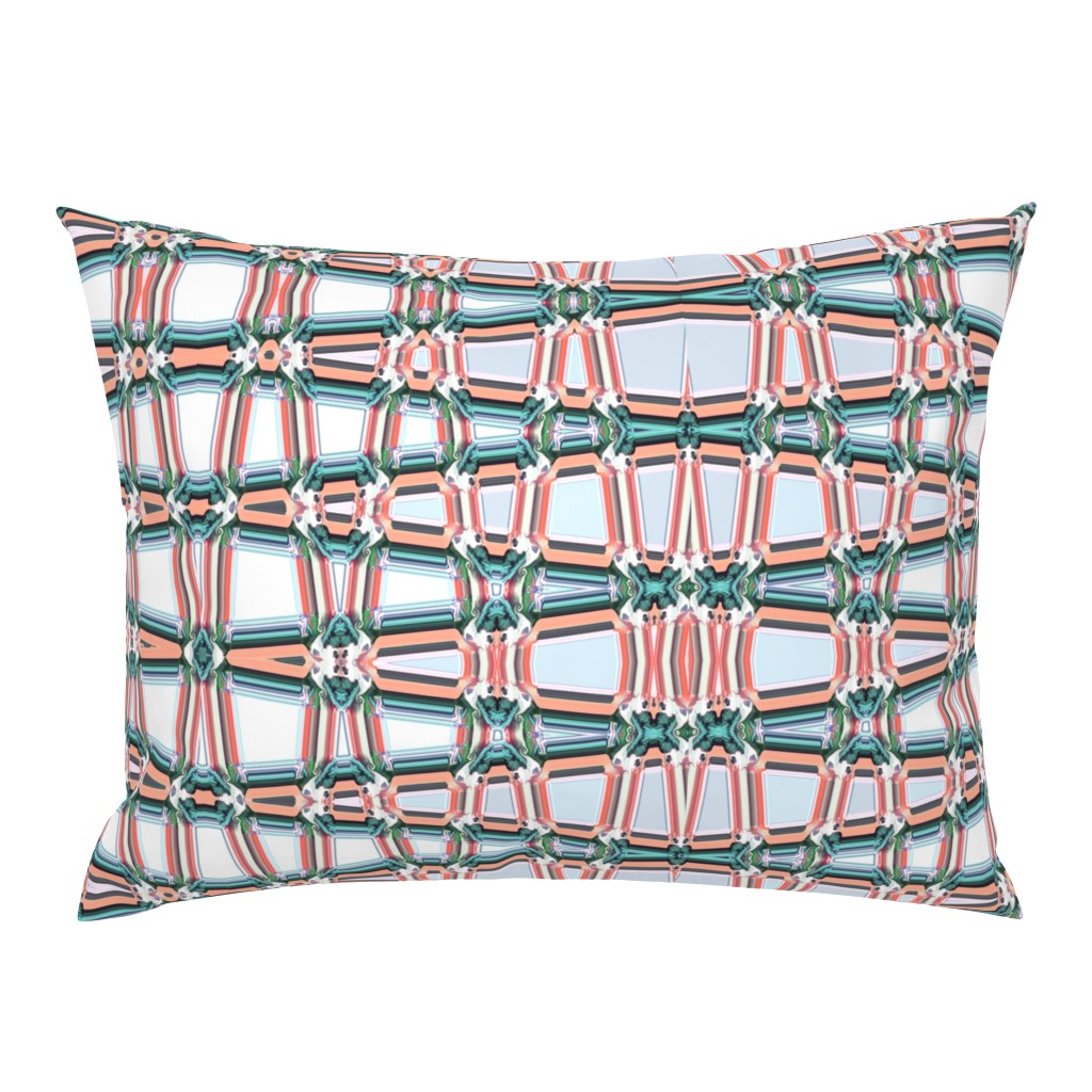 Geometrical Trellis in  teal and tangerine, horizontal, large