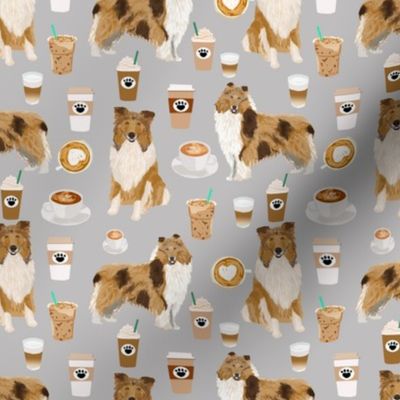 rough collie coffee fabric, cute dogs and coffees fabric print, best dogs fabric design cute rough collies