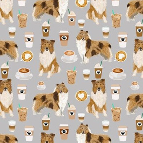 rough collie coffee fabric, cute dogs and coffees fabric print, best dogs fabric design cute rough collies