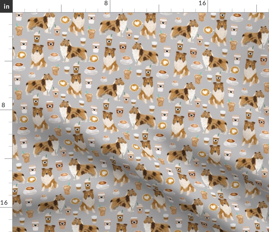 rough collie coffee fabric, cute dogs and coffees fabric print, best dogs fabric design cute rough collies