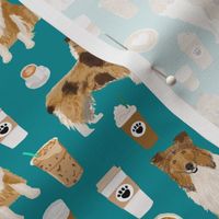 rough collie coffee fabric, cute dogs and coffees fabric print, best dogs fabric design cute rough collies