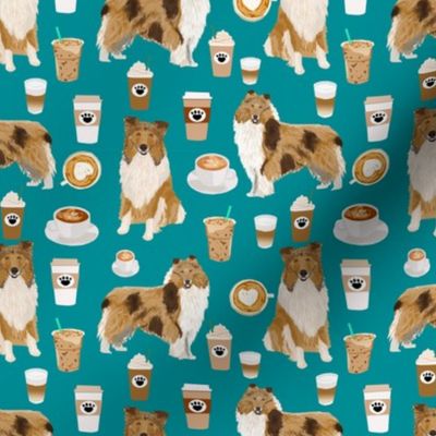 rough collie coffee fabric, cute dogs and coffees fabric print, best dogs fabric design cute rough collies