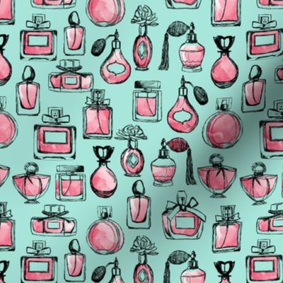 perfume // vintage pink and mint perfume bottles cute beauty girls fabric