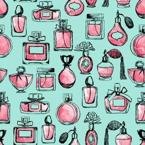 perfume // vintage pink and mint perfume bottles cute beauty girls fabric