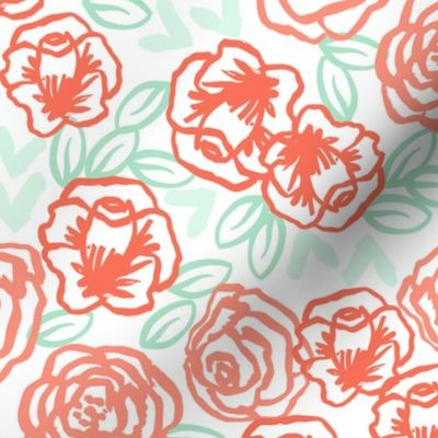 roses // coral peach and mint rose fabric girls florals cute hand drawn rose floral fabric