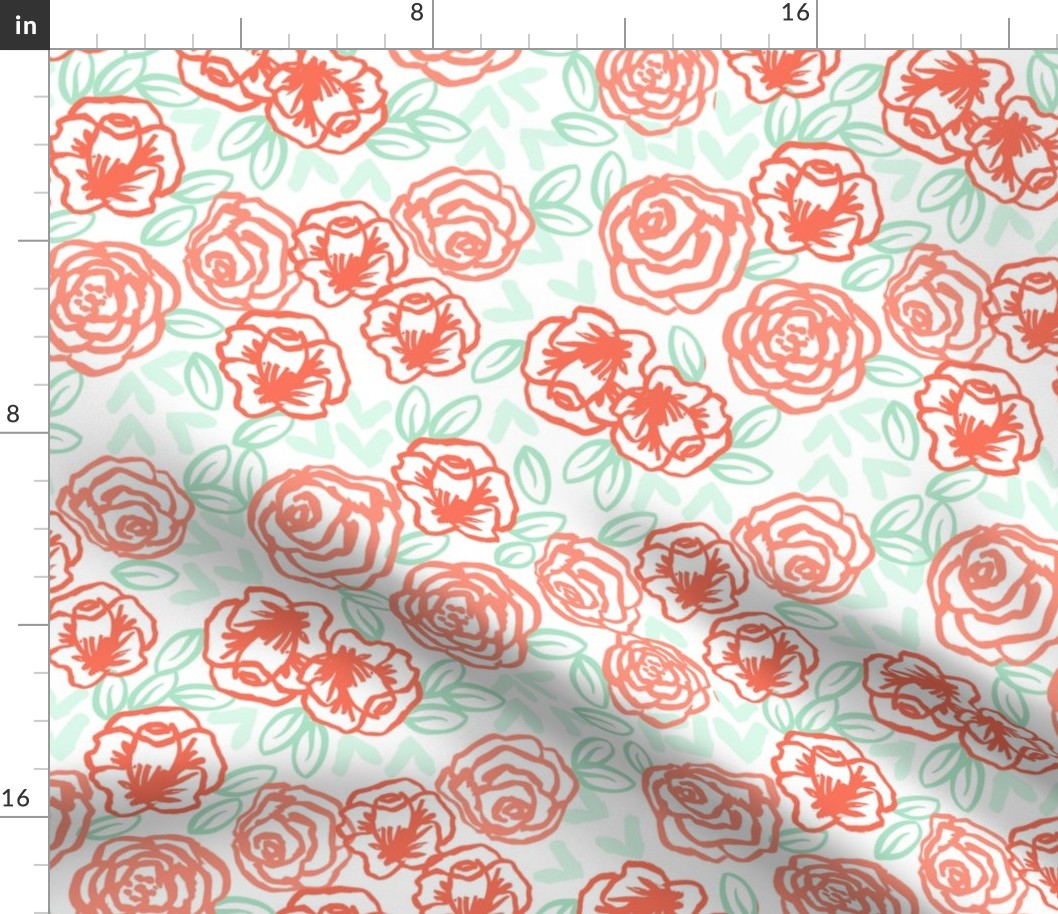 roses // coral peach and mint rose fabric girls florals cute hand drawn rose floral fabric