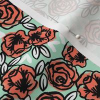 roses // mint coral roses half-size smaller version coral and mint peach and mint girls florals fabric cute floral les fleurs vintage style rose fabric