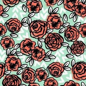 roses // mint coral roses half-size smaller version coral and mint peach and mint girls florals fabric cute floral les fleurs vintage style rose fabric