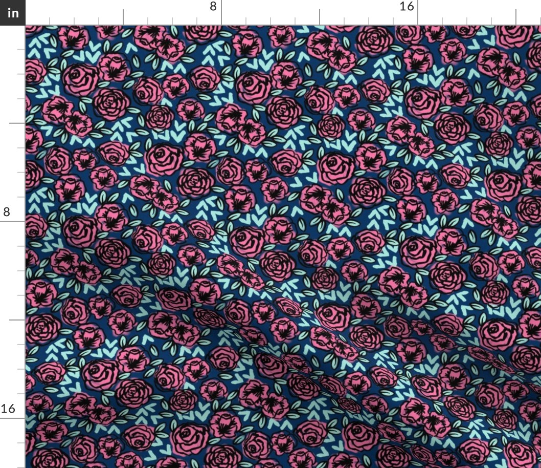 roses // navy and pink roses vintage style floral fabric rose fabric valentines fabric andrea lauren fabric andrea lauren design