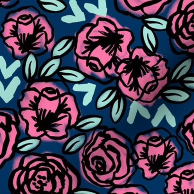 roses // vintage style roses floral fabric navy blue and pink rose fabric cute girls fabric les fleurs fabric florals