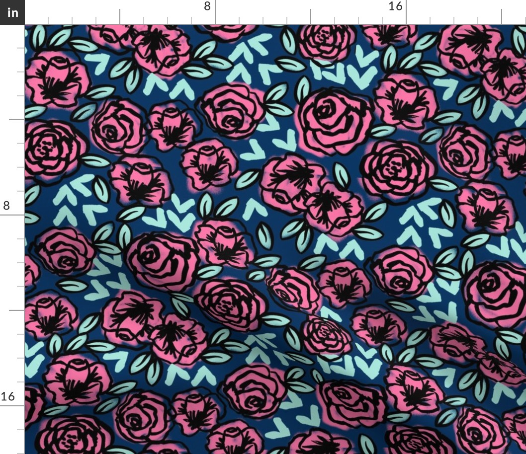 roses // vintage style roses floral fabric navy blue and pink rose fabric cute girls fabric les fleurs fabric florals