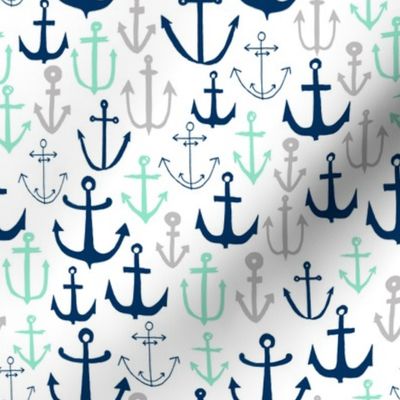 anchors // mint navy and grey anchor fabric nautical design baby kids summer print andrea lauren fabric andrea lauren design