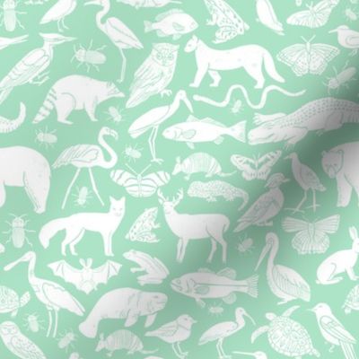 linocut animals // mint animals fabric zoo animals animalarium birds nature print andrea lauren fabric mint baby fabric