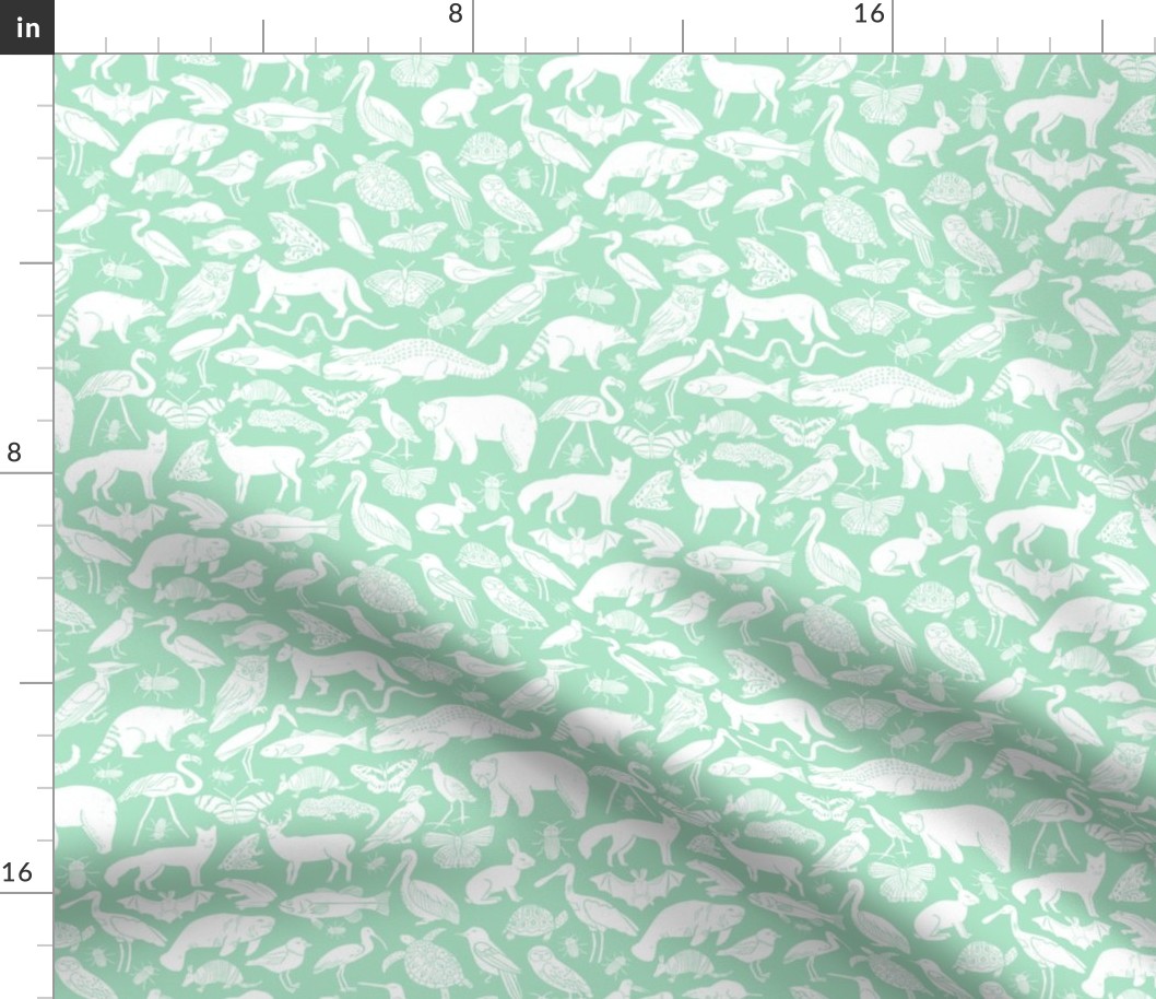 linocut animals // mint animals fabric zoo animals animalarium birds nature print andrea lauren fabric mint baby fabric
