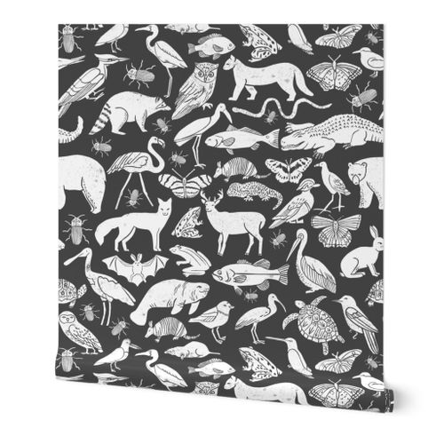 Removable Water-Activated Wallpaper Animals Linocut Zoo Animals Botanical 