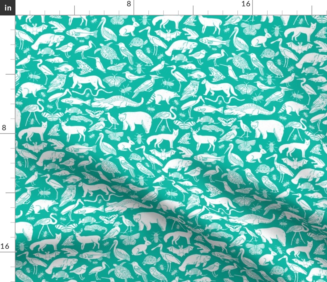 linocut animals // animal fabric baby teal turquoise fabric baby nursery teal zoo animals botanical prints