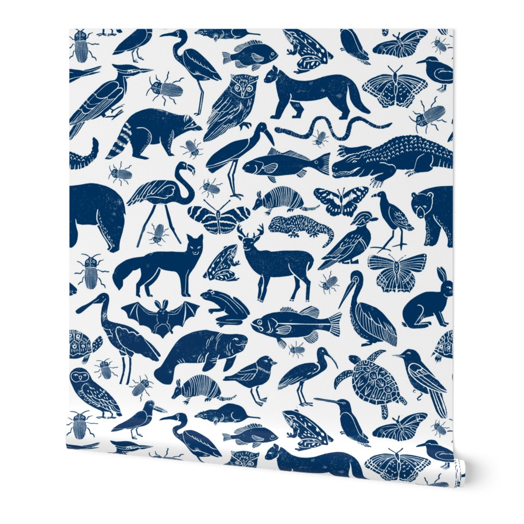 linocut animals // navy blue animals fabric zoo animals botanical design nursery baby kids fabric andrea lauren design