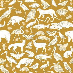 linocut animals // ochre mustard yellow fabric animals botanical fabric baby nursery baby design